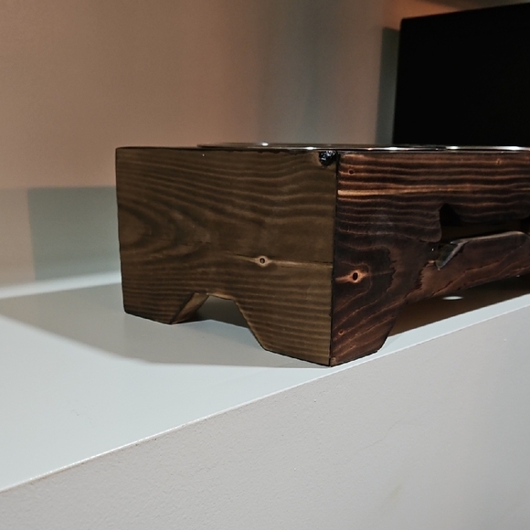 Handmade Wooden Raised Pet Feeder with Stainless Steel Bowls – Burnt Wood Finish - Picture 3 of 4